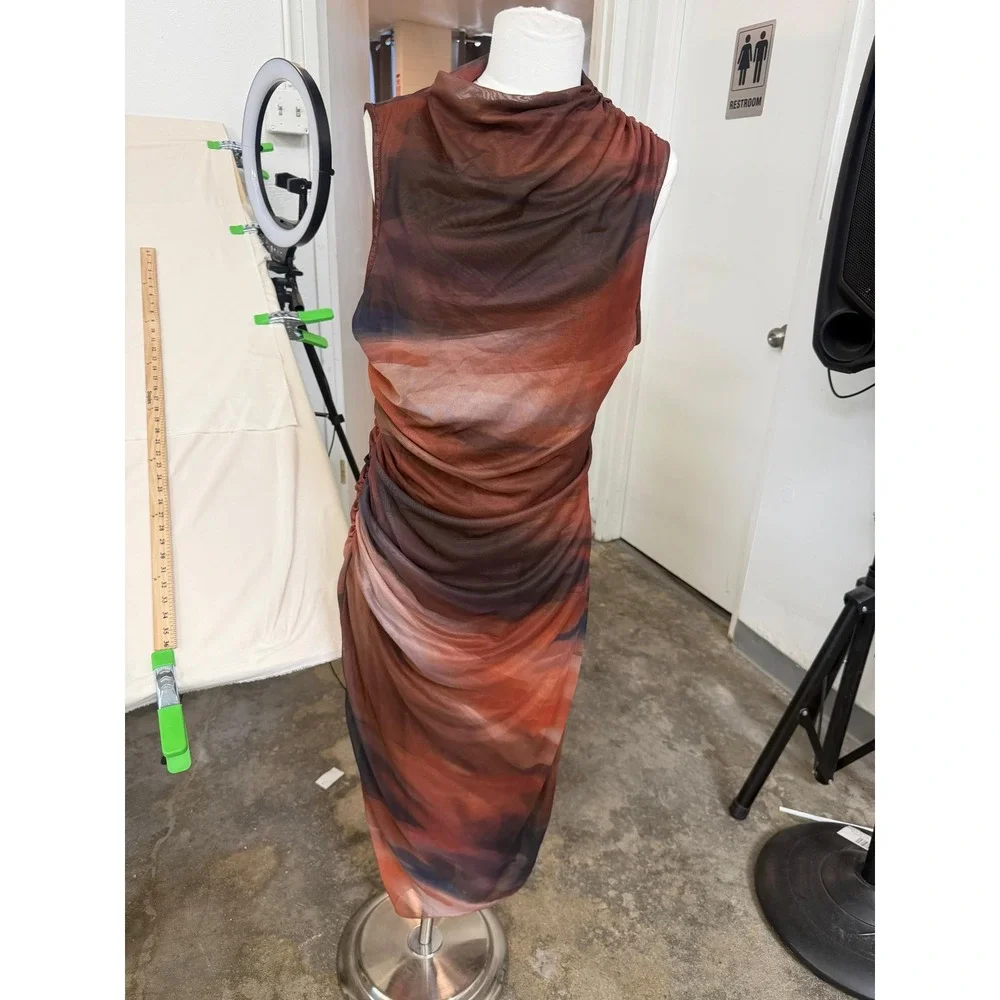 Abstract Mesh Cowl Neck Ruched Midi Dress Rust Orange Sunset Print Size‎ XL 12